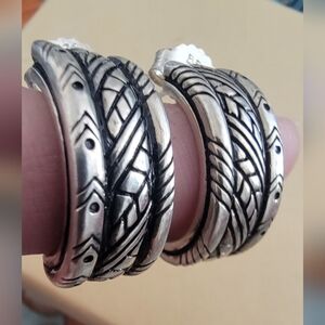 BBJ 925 Sterling Silver Patterned Hoop Earrings Vintage